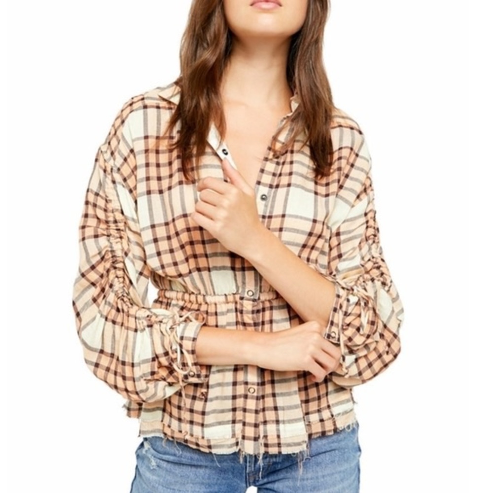 Free People Pacific Dawn Plaid Shirt - Peach - Size Large